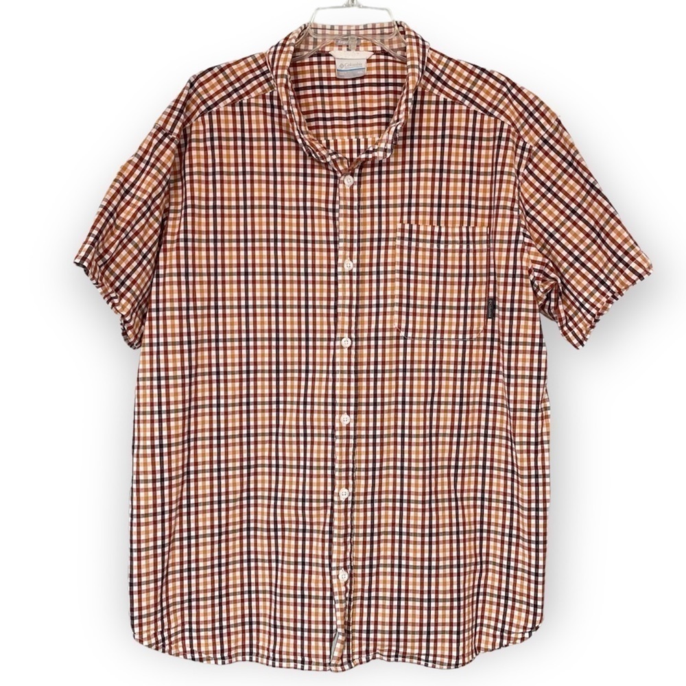 Columbia brown/rust plaid outdoor short sleeve shirt dry wicking outdoor Sz XXL
